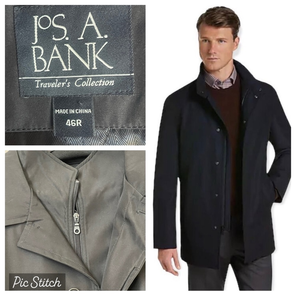 New!Jos A Bank Traveler's Collection Rain
Coat Trench Coat Black 46R
